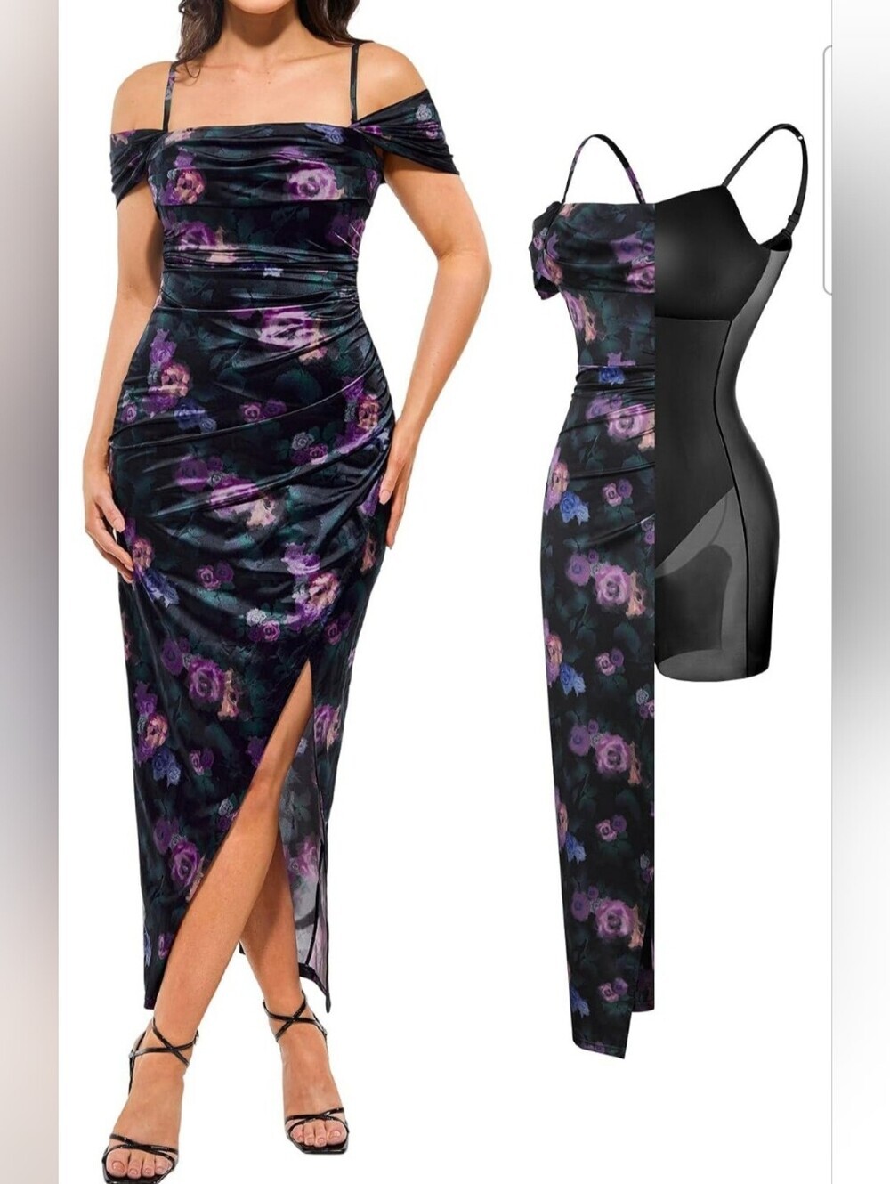 Popilush Women's Black Floral Off The Shoulder Multi Way Wear Shapewear Maxi L